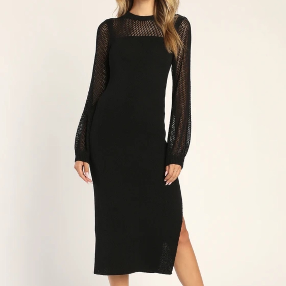 Knit It Off Black Long Sleeve Knit Bodycon Sweater Midi Dress
